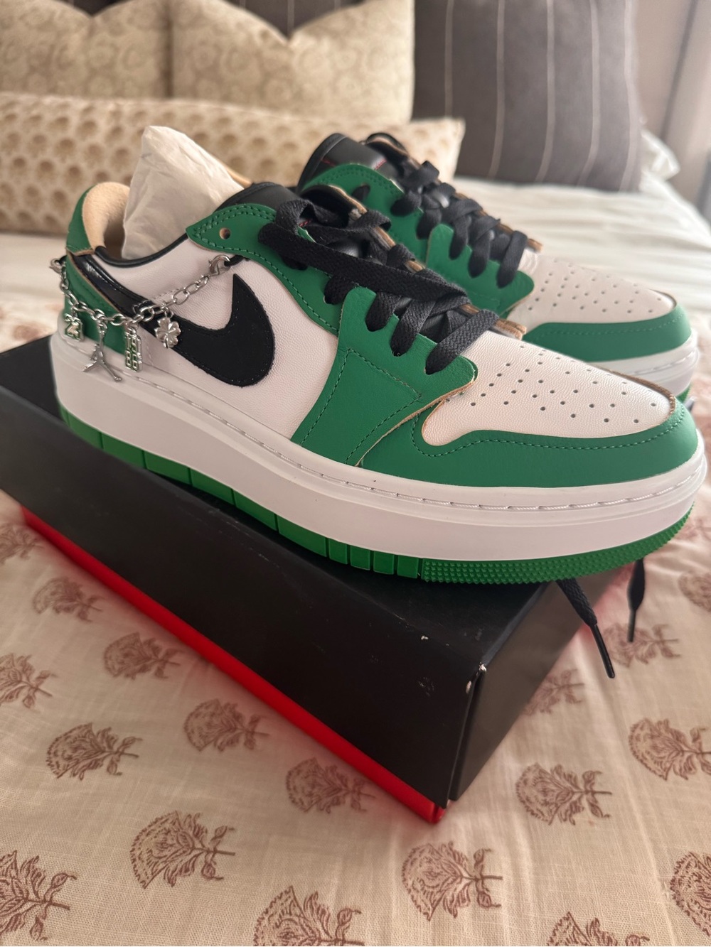 Jordan Low-Top Sneakers in Green, White & Black with Chain Accent